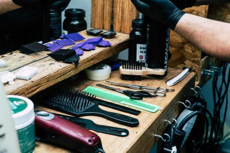 barber tools set on a wooden table